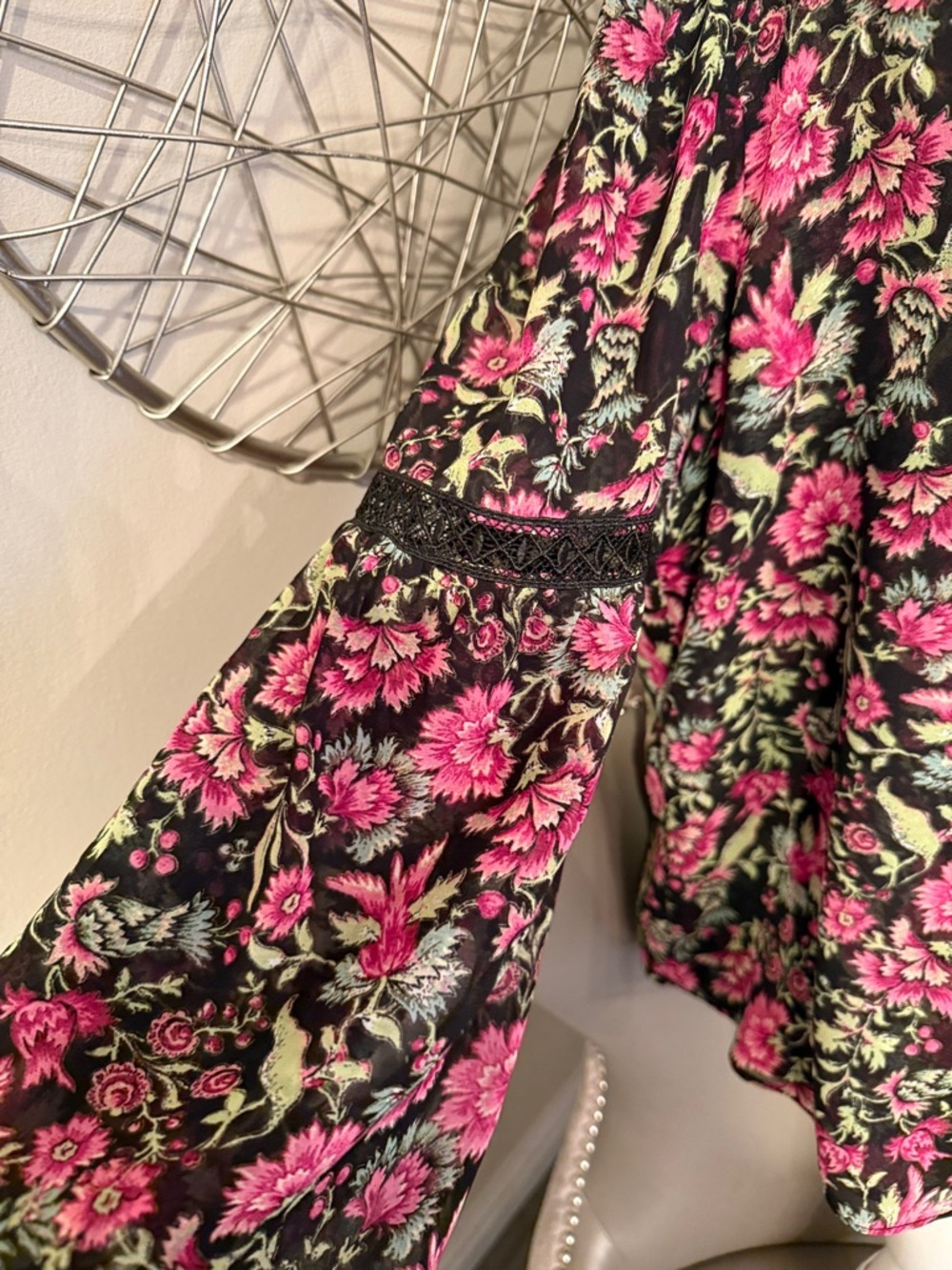 MISA Floral Tie-Neck Blouse in Pink and Black - Picture 2 of 7